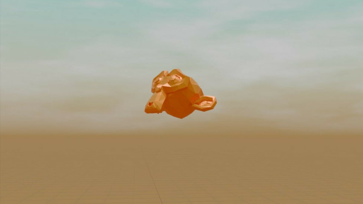Render of a floating monkey head with a sky background