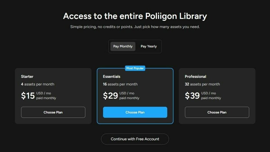 Poliigon pricing tiers for paid models