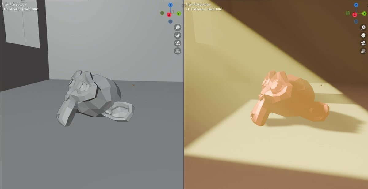 Blender divided viewport showing a preview and shaded rendered scene