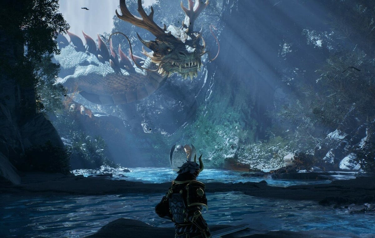 An impressive game art render of a character and a dragon in the background