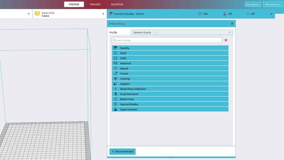 Painel de configuração de impressão do Creality Slicer