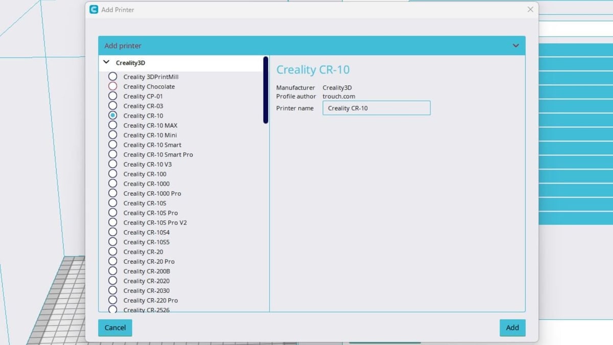 Existem muitos perfis de impressora 3D pré-configurados no Creality Slicer