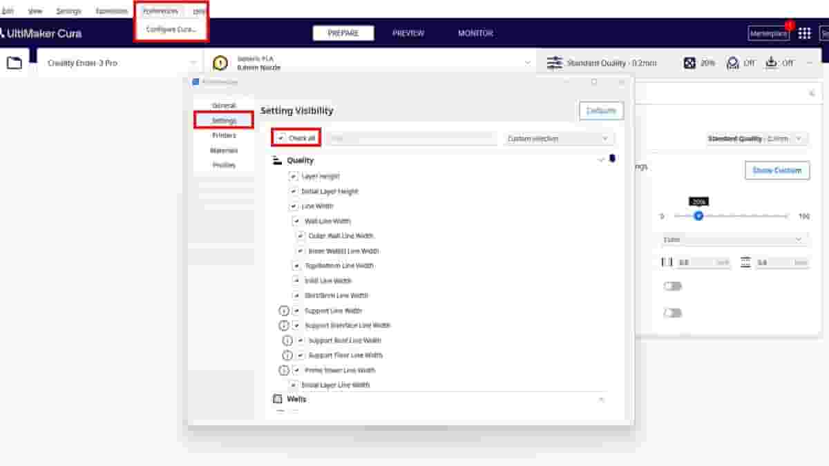 Enabling all settings to be visible