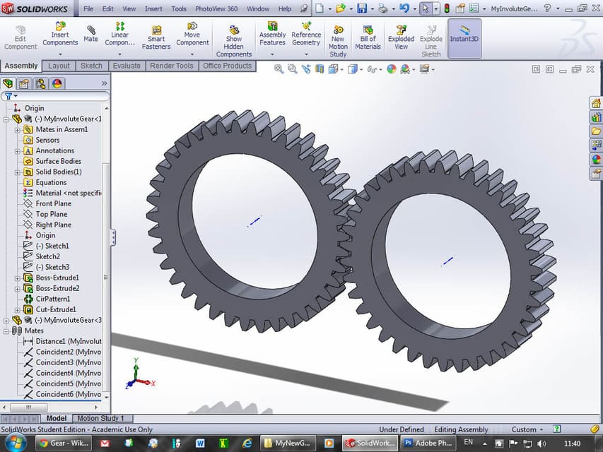 Designing gears in SolidWorks.