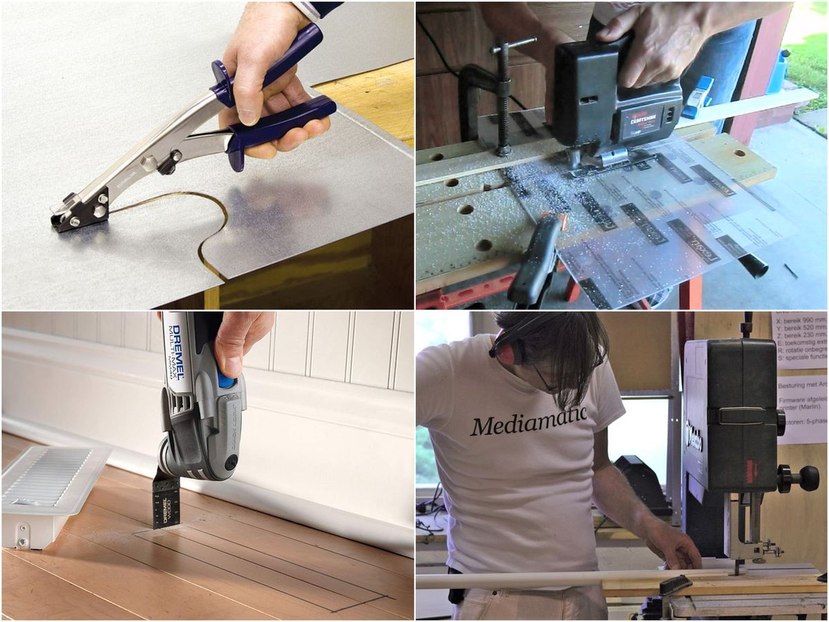 A nibbler, a jigsaw, a dremel multitool, and a bandsaw.