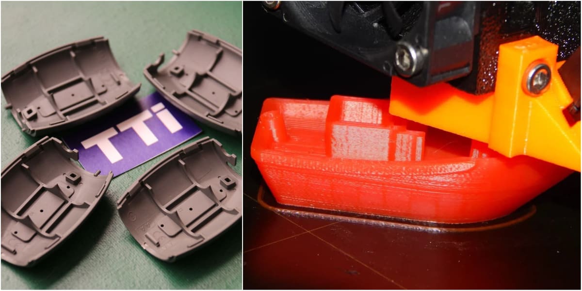 An injection-molded part alongside a 3D Benchy, mid-print