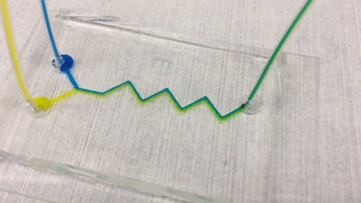 Microfluidic mixers typically have meandering or jagged paths to help mix the fluids together.