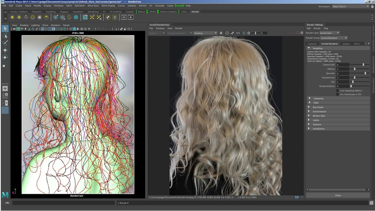 Complex ray tracing on hair.