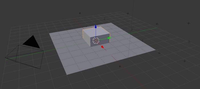 The default cube in Blender with a flat plane, camera, and nulls.