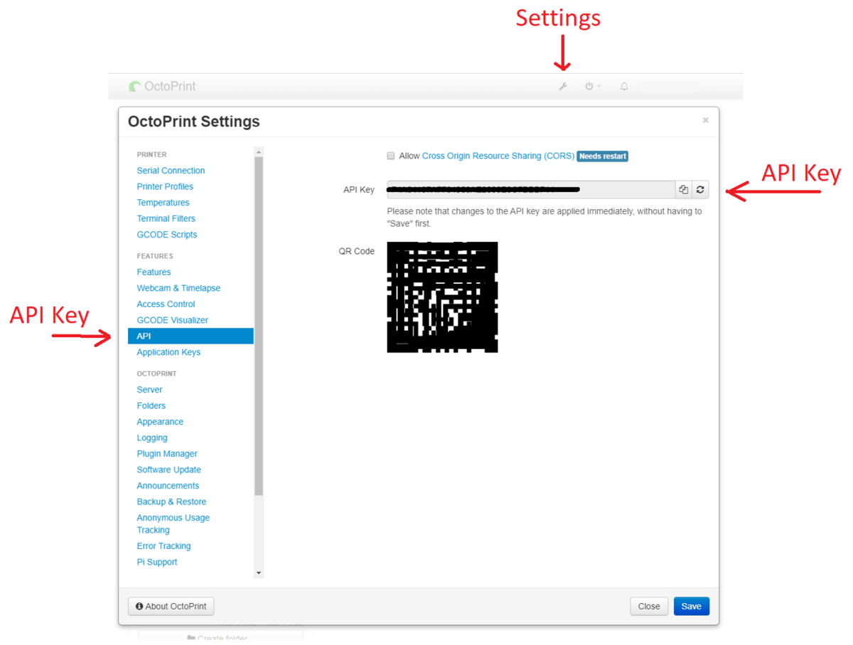 The OctoPrint API key location
