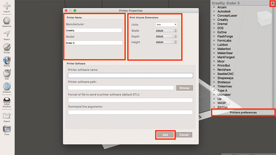 Meshmixer maintains a list of common 3D printers but you can also manually enter the dimensions of your printer's build space