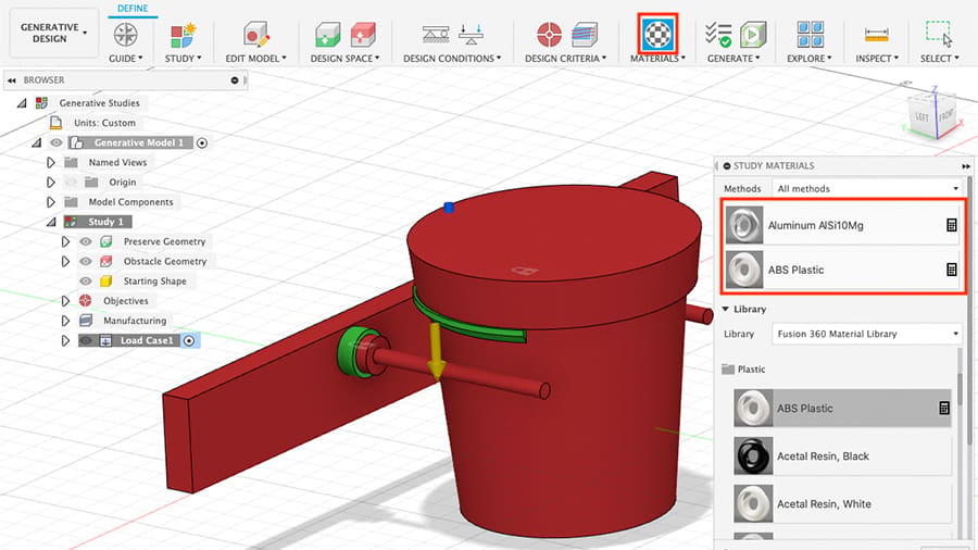 Multiple materials can be selected as the generative design should output several options