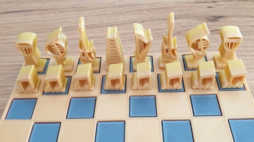 This set includes a drum, French horn, harp, xylophone, and guitar