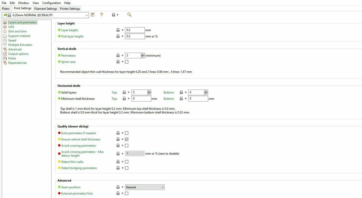 PrusaSlicer color-codes settings by experience level