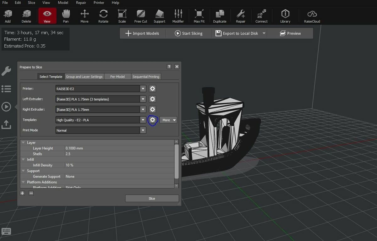 The slicer settings pop-up screen