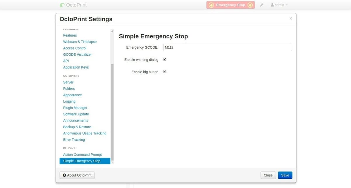 You can set what G-code is triggered by the emergency stop button