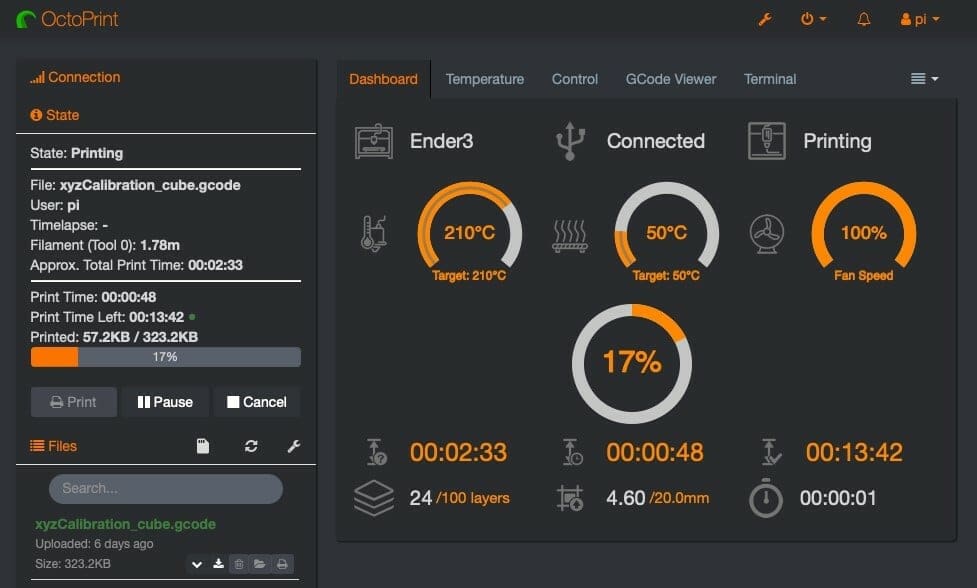 A sample OctoPrint Dashboard setup