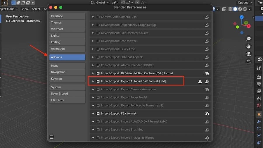 Activate the DXF add-on to export in this format with Blender