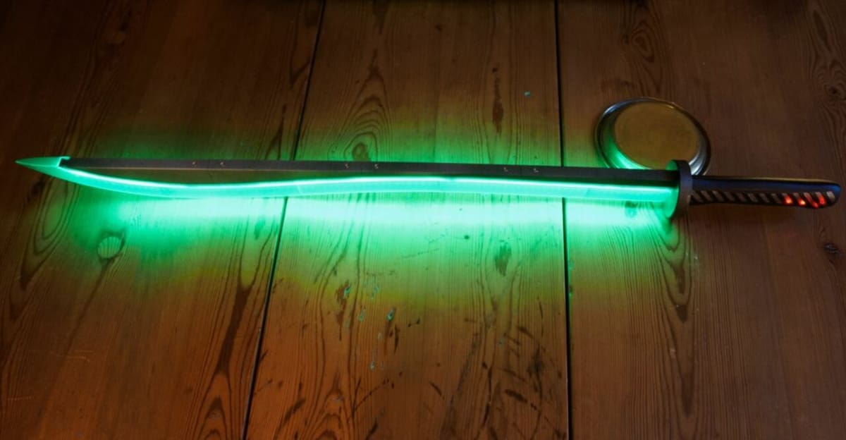 This project uses LED strips to illuminate the blade in a Kryptonite-like color