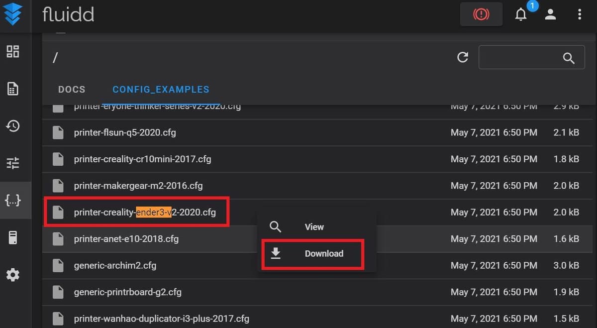 Find the example configuration file for the Ender 3 V2 and download it