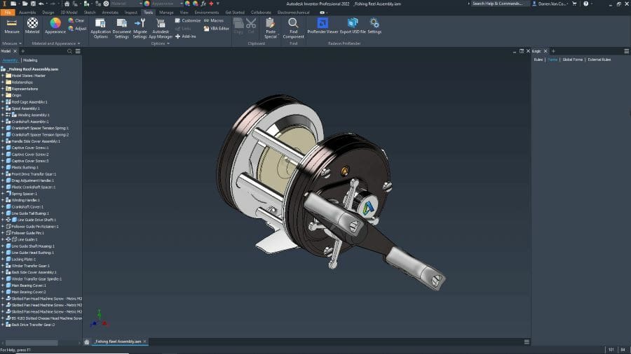Inventor follows the traditional look and feel of parametric 3D CAD, including the model tree on the left side