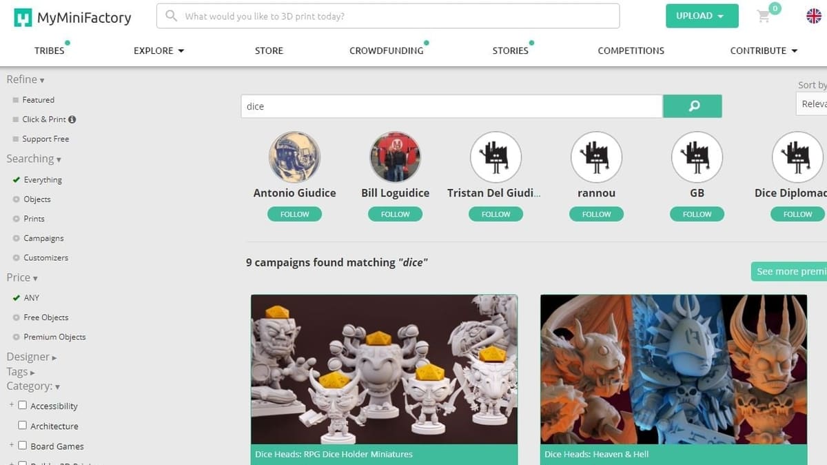 MyMiniFactory has filters for price and different categories on the left side of the interface