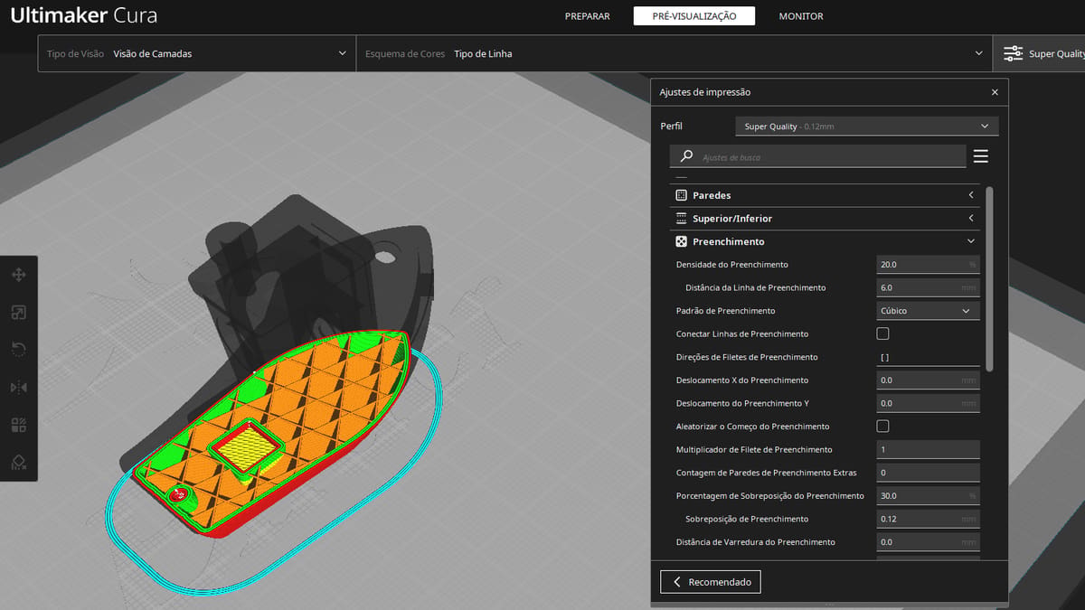 O padrão de prenchimento cúbico fornece força tridimensional e é uma ótima opção para a maioria das impressões 3D