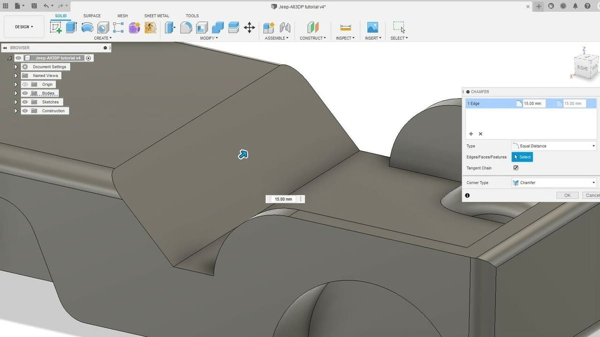 La función Chaflán funciona igual que Filete, pero rompe esquinas y bordes en lugar de redondearlos.