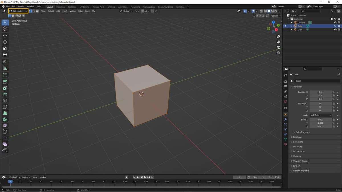 The default cube in Edit Mode with the mode dropdown menu highlighted