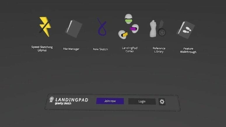 The main menu of Gravity Sketch