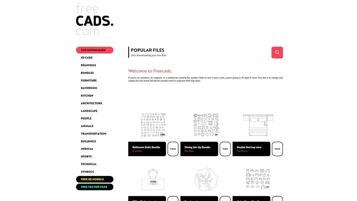 FreeCADS.com has a straightforward and easy-to-navigate interface