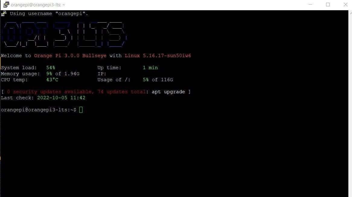 PuTTY will dipaly a terminal window that allows you to control the SBC