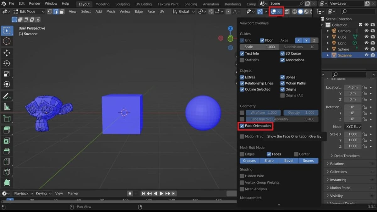 Objects with correct normals, exterior faces rendered blue