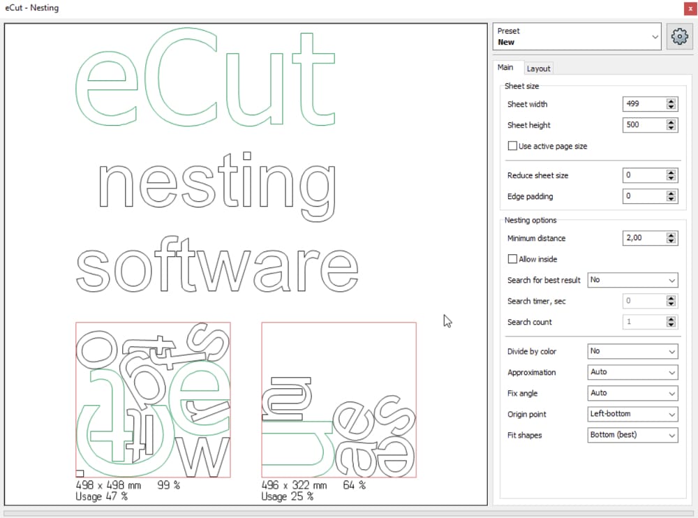 The nesting screen on eCut