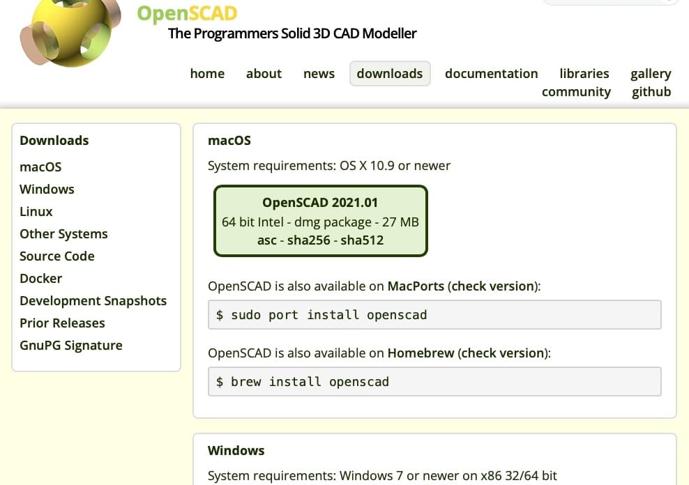 The main download page for OpenSCAD