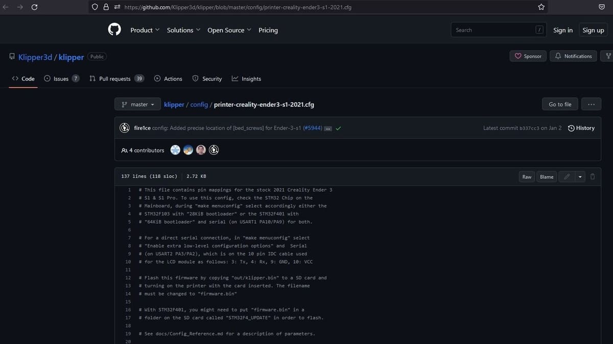 GitHub's Ender 3 S1's config file page