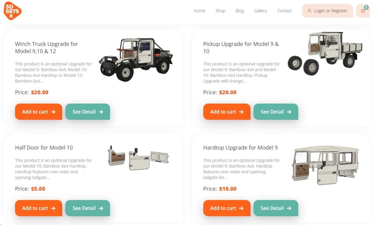 In addition full RC car bodies, 3D Sets has parts