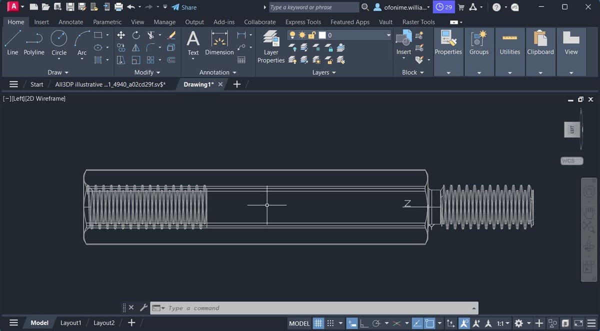 A model of a stand-off in AutoCAD, shown in wireframe mode