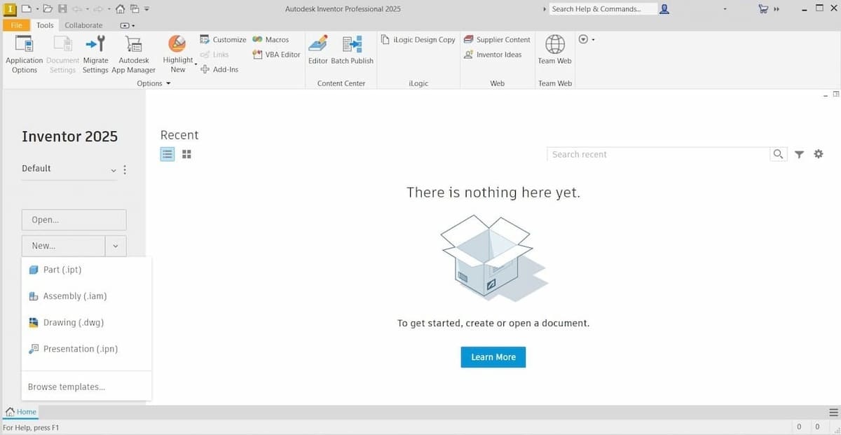 The home screen for Autodesk Inventor