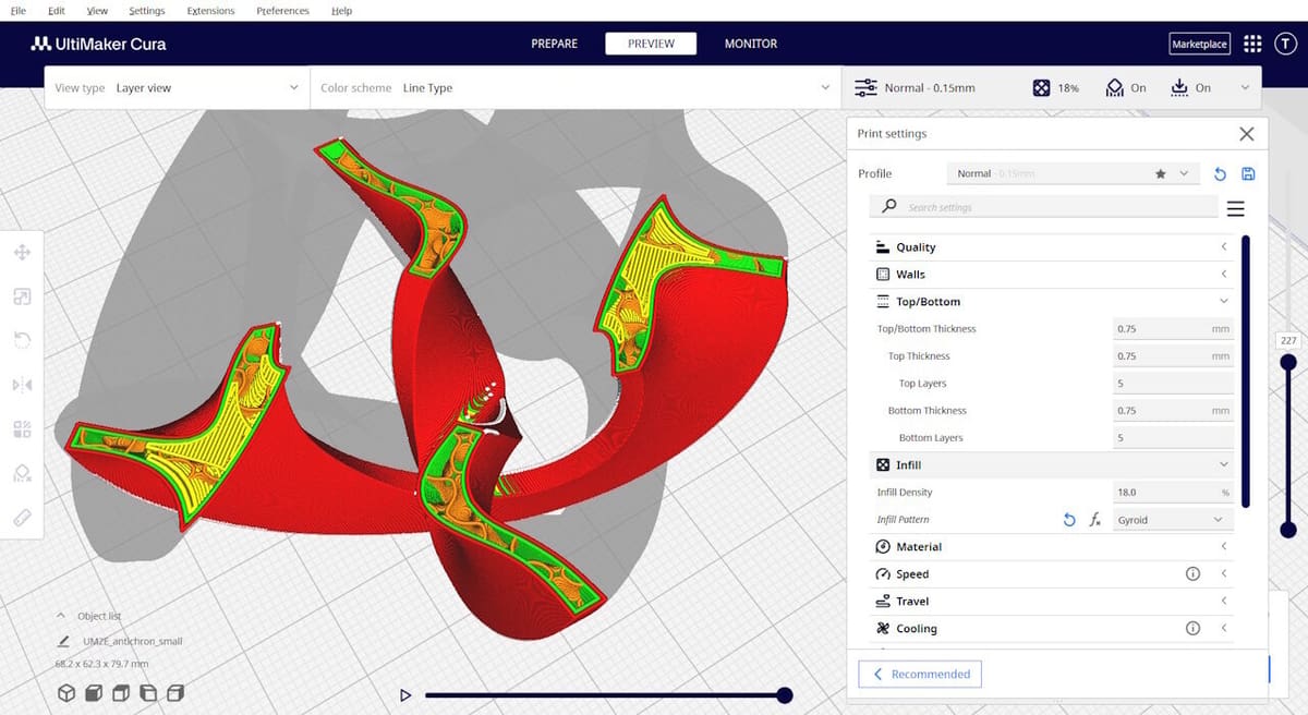 Infill and shells settings can be examined layer by layer