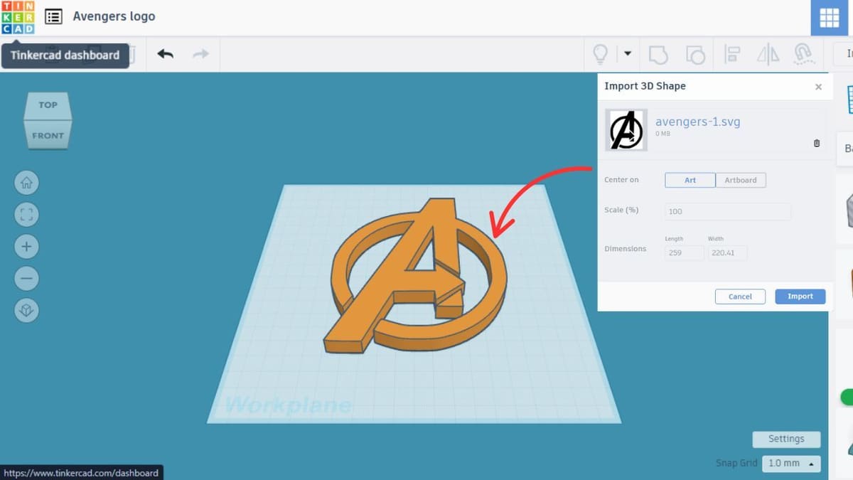 Importing the SVG file onto Tinkercad is easy