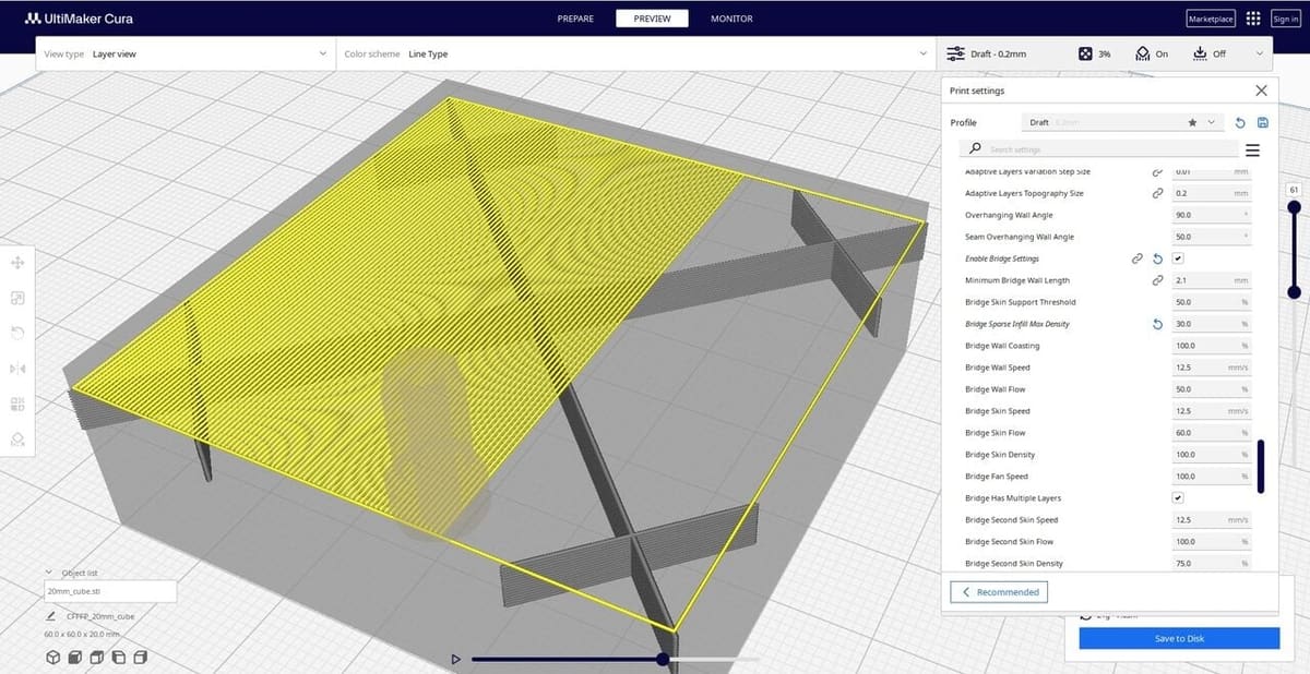 If your infill density is very low, Cura might treat top layers as bridged overhang