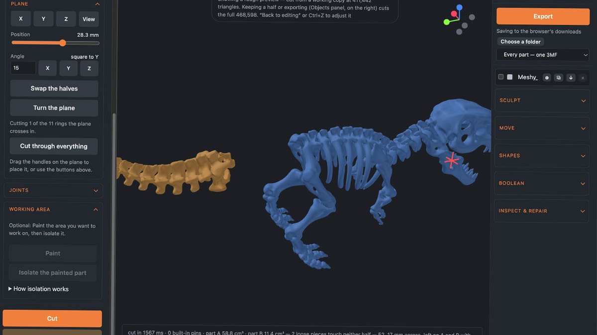 Image of How to Split a STL or 3MF: First Test: Taking Apart a Dinosaur
