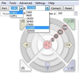 Selecting the communication port and baud rate.
