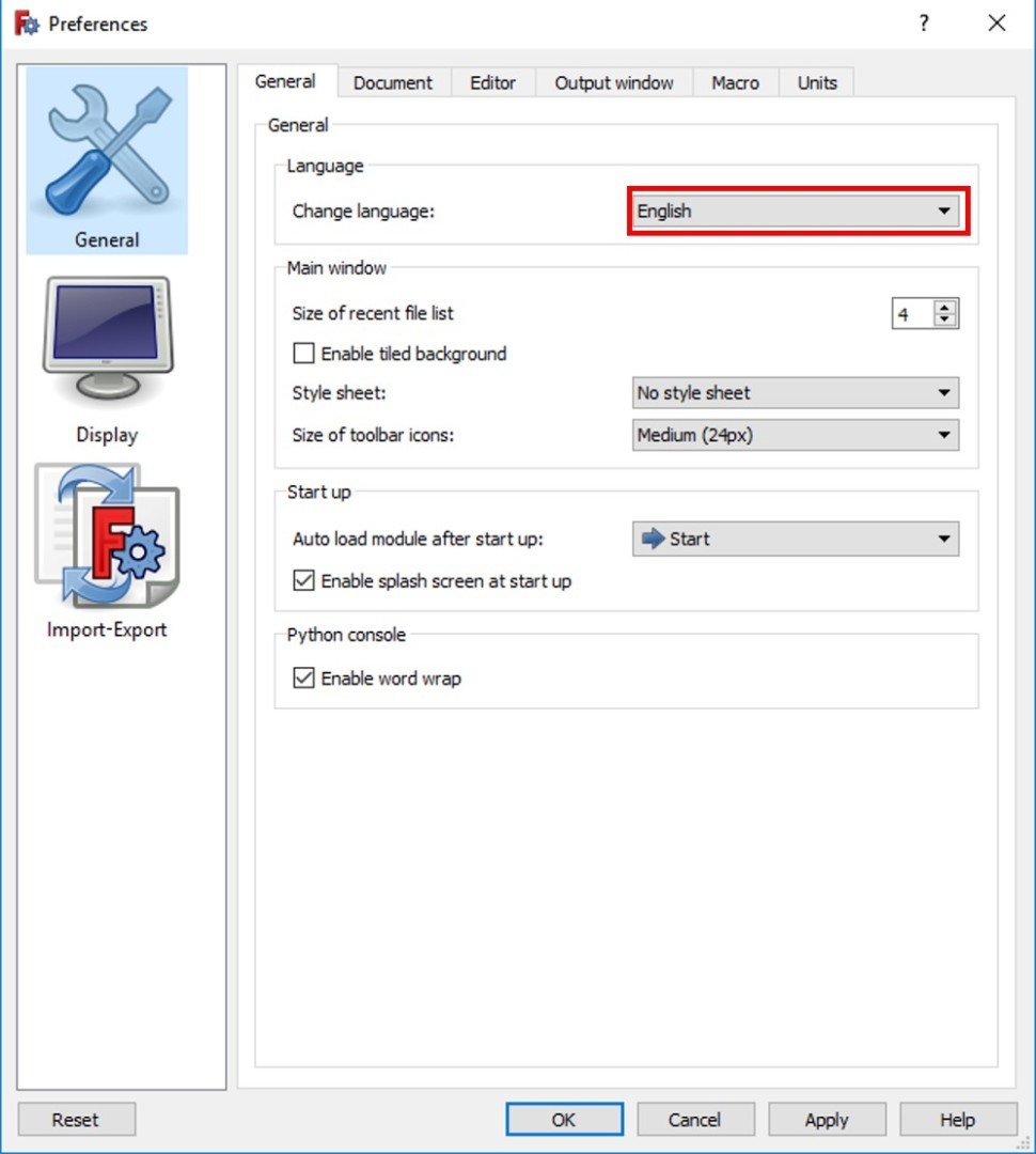 freecad tutorial set to English